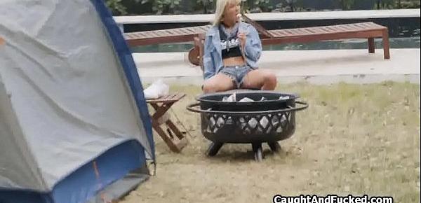  Busty teen almost busted on cock while camping